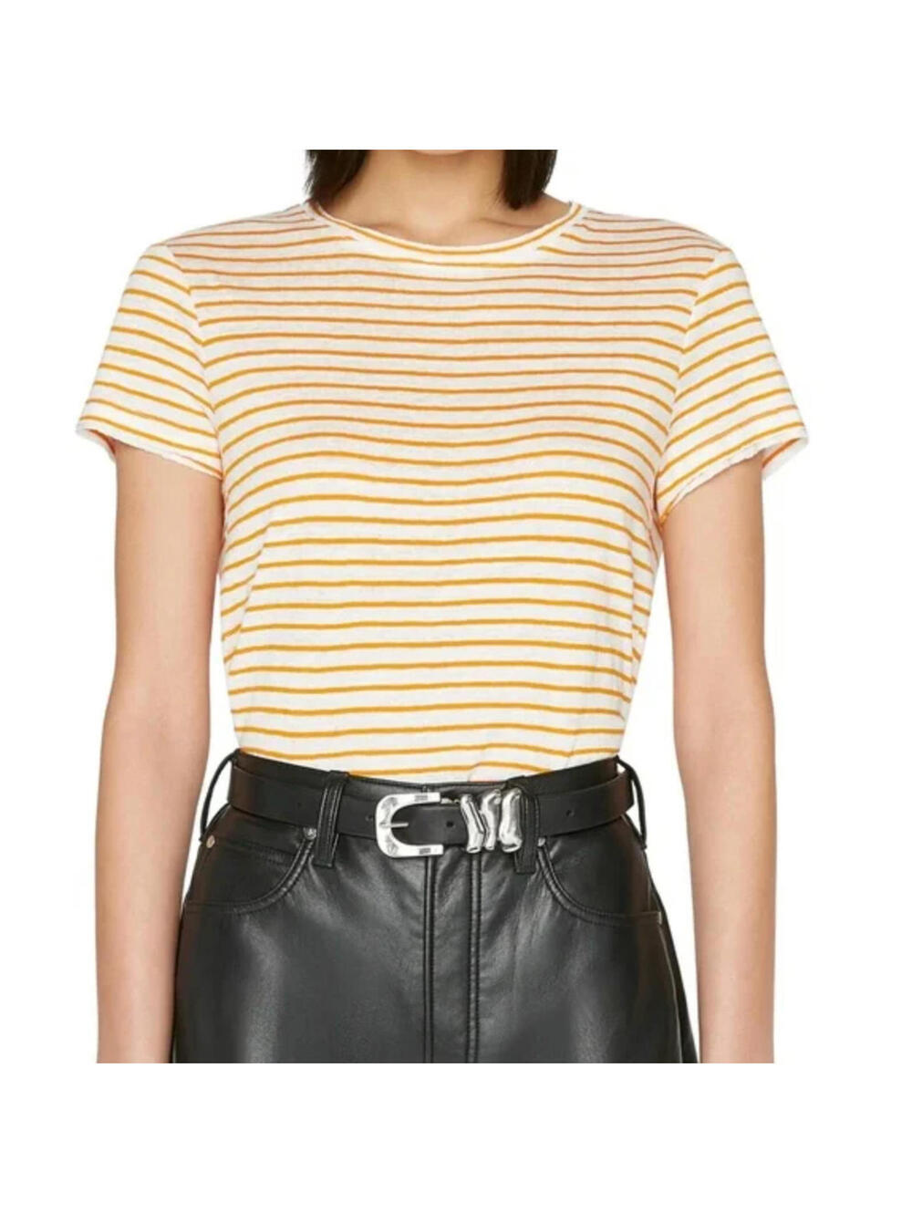 FRAME Women’s Top X-Small Classic Striped 100% Linen Crew Tee Orange $118 Retail